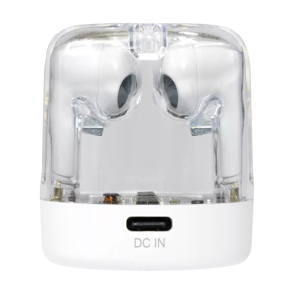 White Wireless Earbuds Transparent Charging Case Built‑In Mic On‑Ear Controls