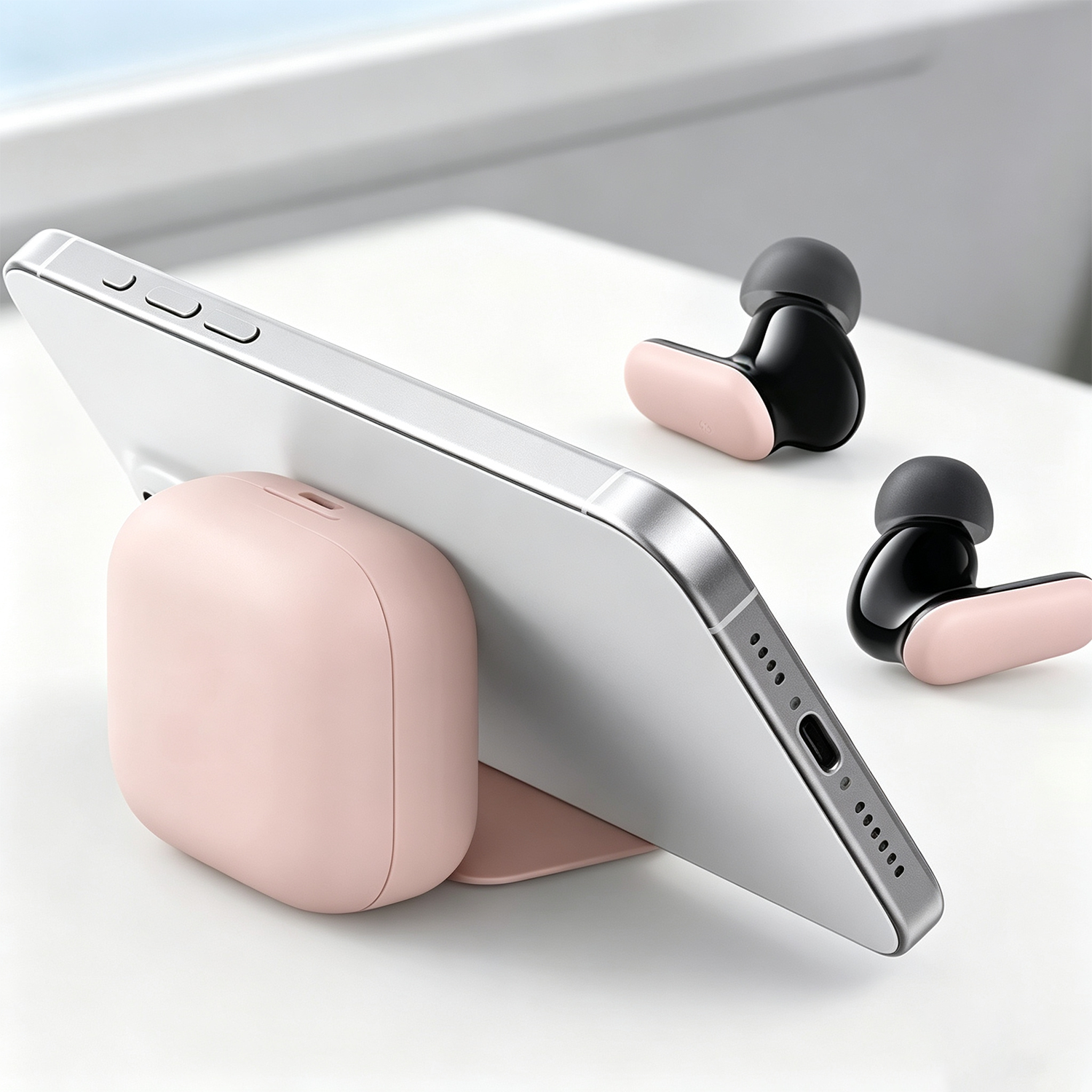Pink Wireless Noise Cancelling Earbuds 42dB ANC Phone‑Stand Charging Case Fast Charge
